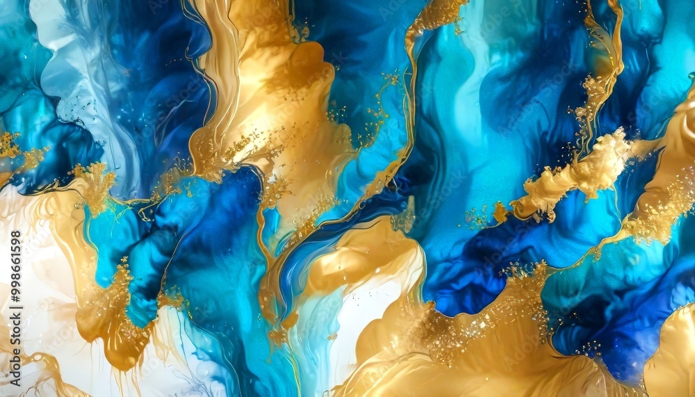 Poster an abstract painting featuring swirling patterns of blue and gold hues, with splashes of white and gold adding depth and texture