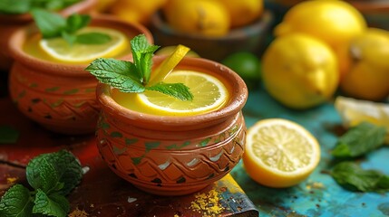 Traditional Indian nimbu pani served in a clay kulhad, the refreshing lemon drink garnished with mint leaves. The kulhad is set on a colorful, rustic table with a vibrant Indian market in the 