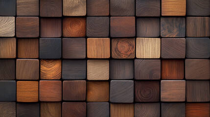 A seamless pattern of wooden blocks in various shades and textures, creating an organic wood wall background.