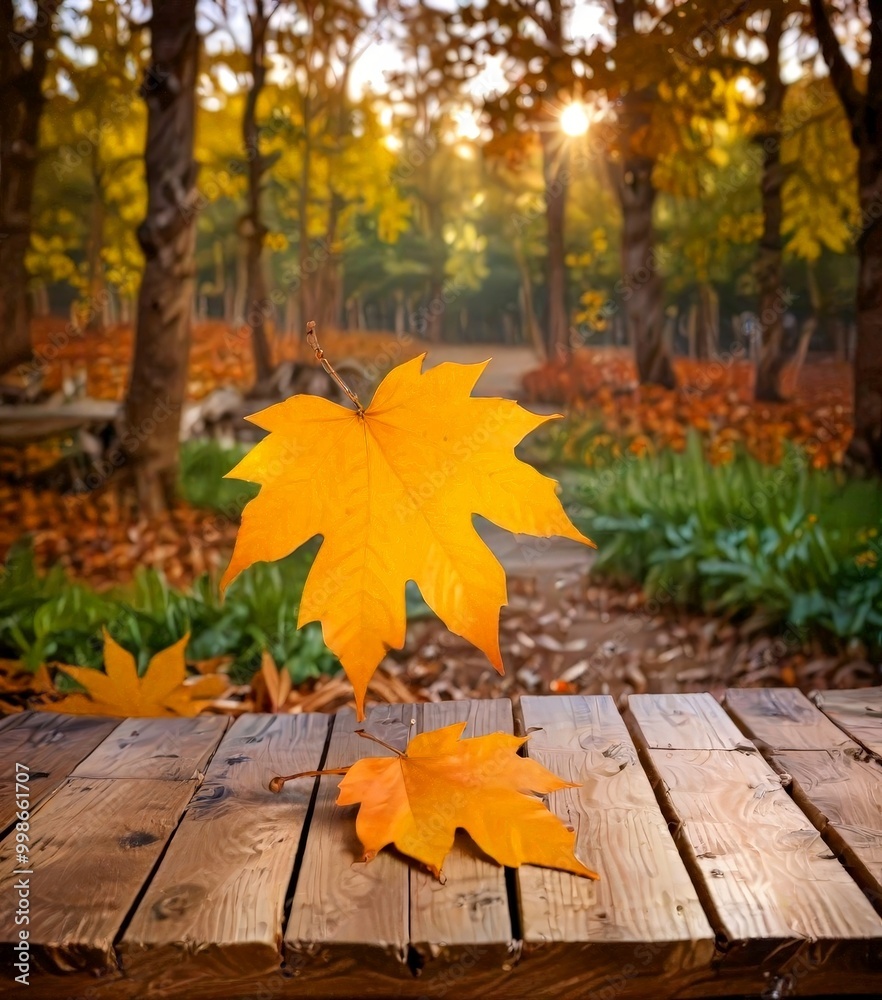 Poster a vibrant autumn scene unfolds on a wooden table, with a large maple leaf in the foreground and a ba