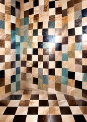 Fototapeta premium a bathroom interior with a checkered tile floor and walls, featuring a variety of colors and patterns