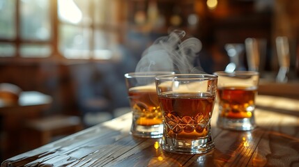 Traditional Greek rakomelo served in small glasses, the warm honeyed spirit steaming slightly. The glasses are set on a rustic wooden table with a backdrop of a cozy Greek taverna, 
