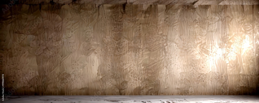 Aufkleber a textured concrete wall with a dark, uneven surface, and a single light source shining on it, creat