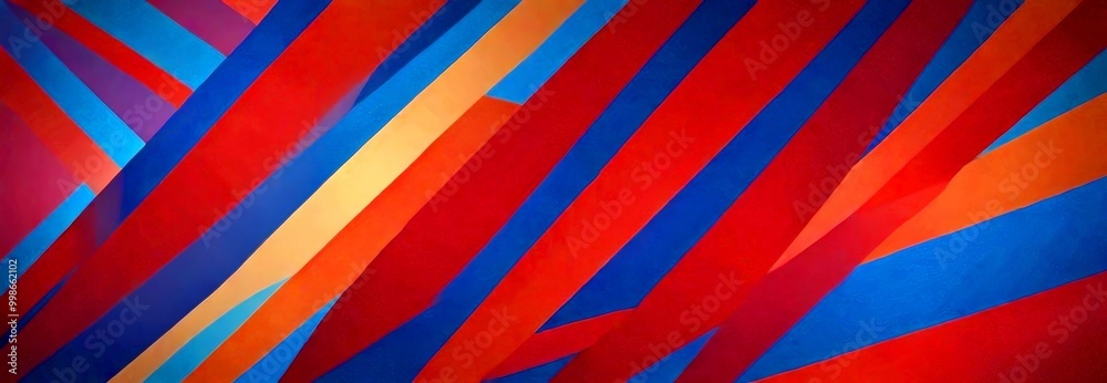 Poster a vibrant abstract composition of intersecting diagonal lines in various shades of red, blue, and yellow, creating a dynamic and visually striking pattern