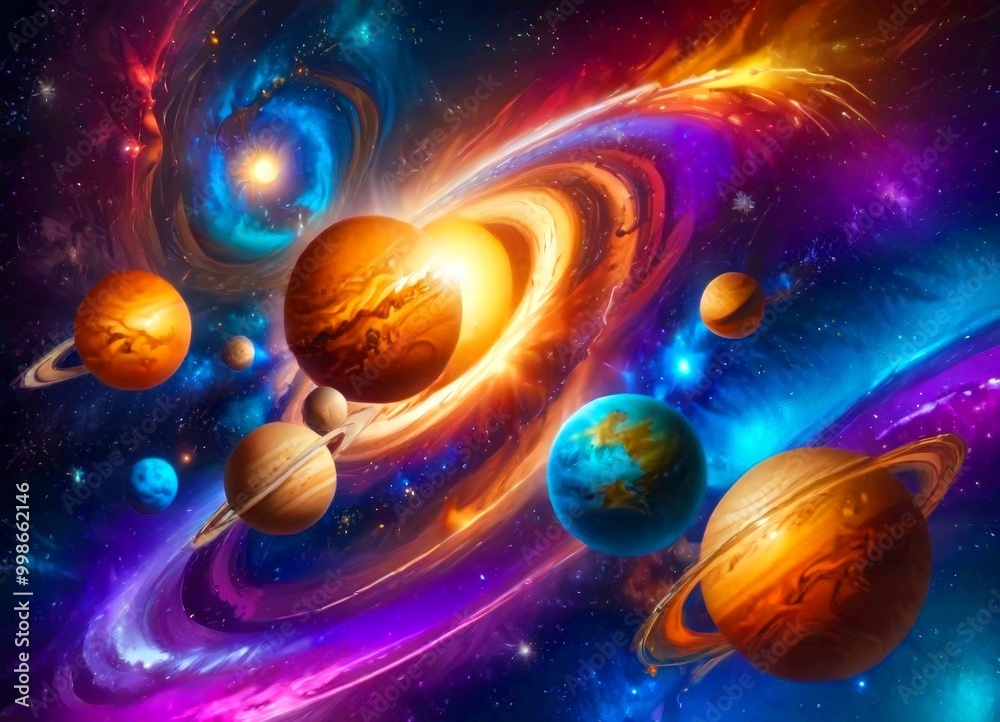 Poster a vibrant, cosmic scene with planets of various sizes and colors swirling in a swirling galaxy The planets are positioned in a circular pattern, with the largest planet at