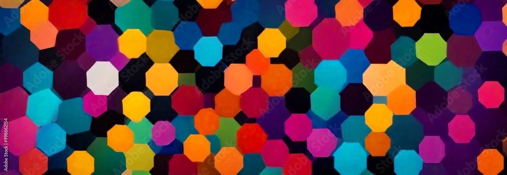 Poster a vibrant and abstract pattern composed of numerous octagonal shapes in a variety of bright colors, including red, orange, yellow, green, blue, and purple, creating a