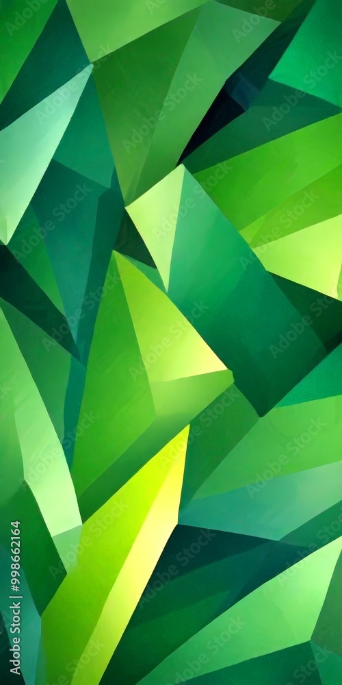 Poster a vibrant abstract composition of overlapping triangular shapes in various shades of green, creating a dynamic and visually striking pattern