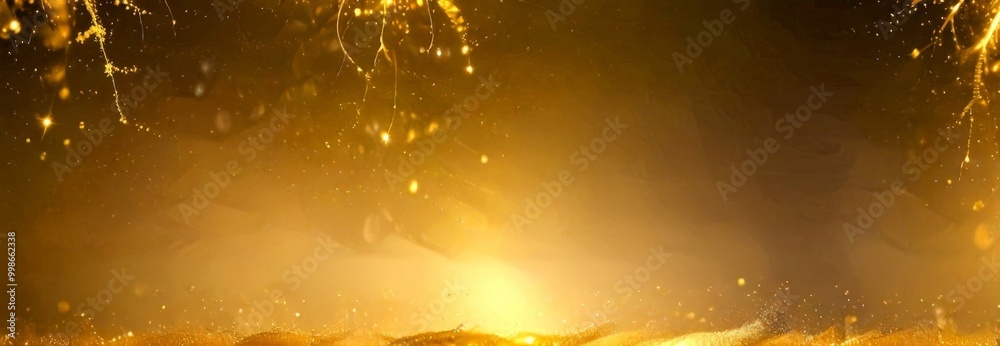 Poster a serene, golden-hued landscape with a glowing horizon line, where the sun's rays are reflected, cre