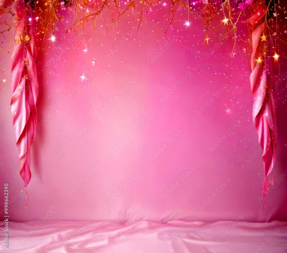 Poster A pink background with a pair of pink ribbons hanging on either side, creating a symmetrical and elegant composition