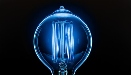 A macro photography of an old fashion glass light bulb in blueish hue in black background