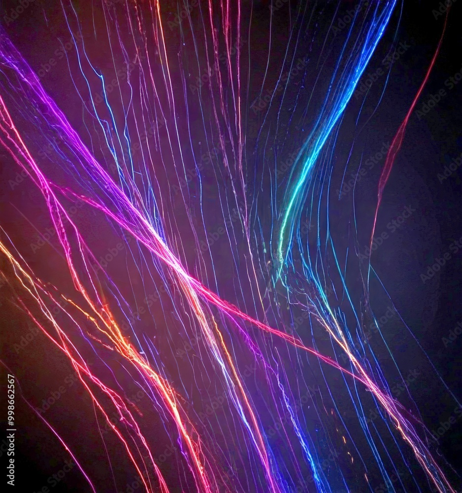 Poster a vibrant abstract pattern of intersecting lines and streaks in various colors, including red, blue, green, and purple, against a dark background