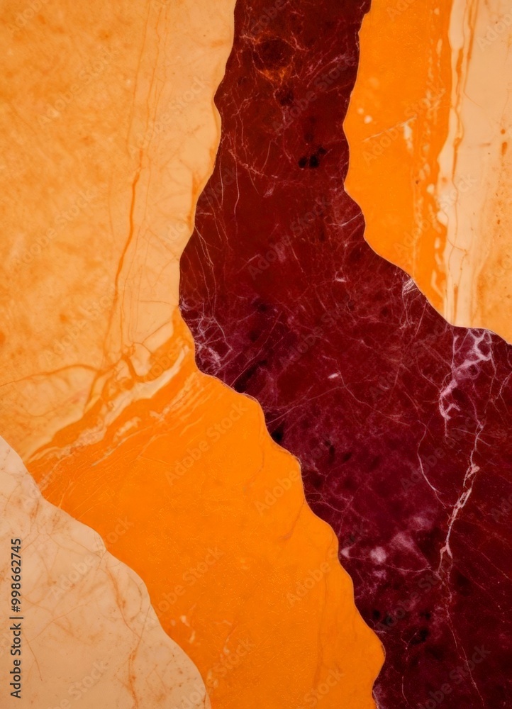 Poster a close-up view marble surface with a striking contrast between the orange and maroon colors The orange marble is slightly lighter in color than the maroon, creating a