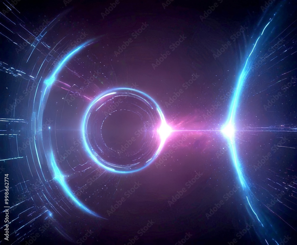 Fototapete a futuristic, space-themed scene with a circular, glowing object at the center, surrounded by a network of lines and beams of light, creating a sense of