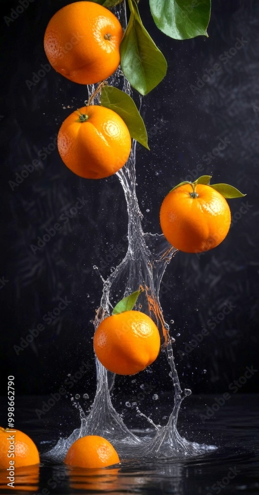 Aufkleber oranges falling from a tree, creating a splash of water against a dark background