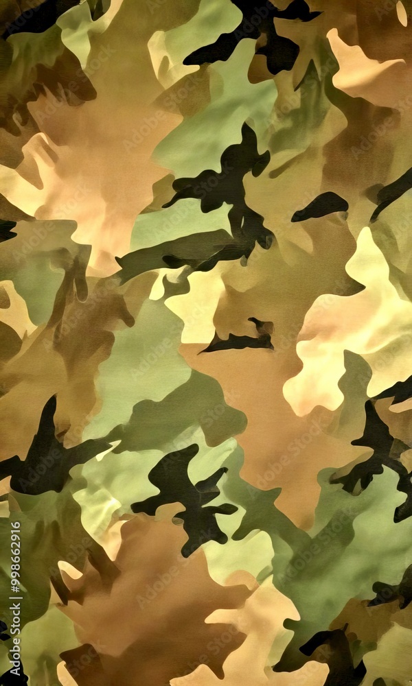 Poster a close-up view camouflage fabric, with a pattern of various shades of green and brown