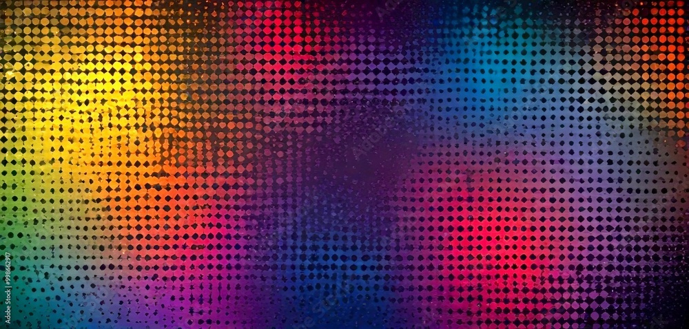 Poster a vibrant, abstract background composed grid of small, evenly spaced dots in a variety of colors, in