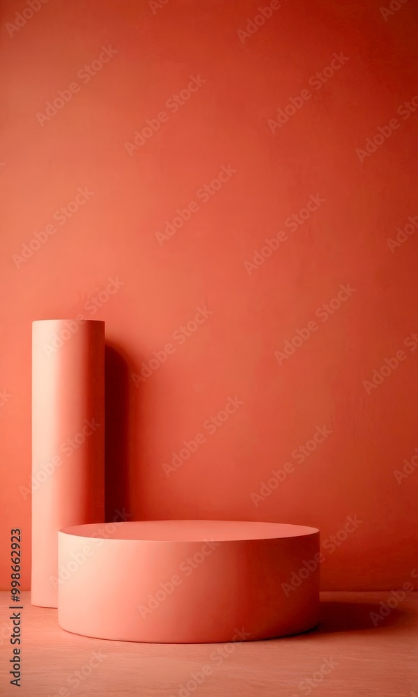 Aufkleber a minimalist featuring a round podium with a cylindrical column on the left, set against a peach-col