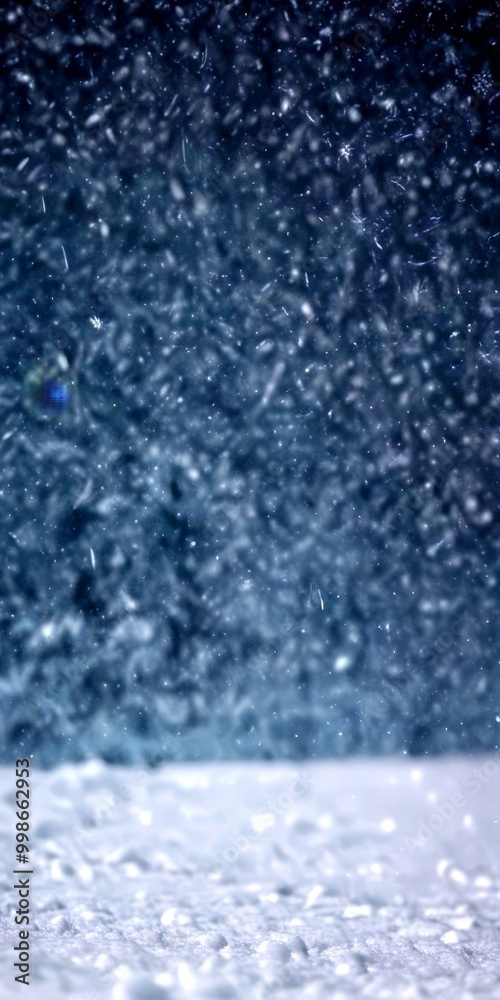 Poster A close-up view snowy surface with a blurred background of falling snowflakes