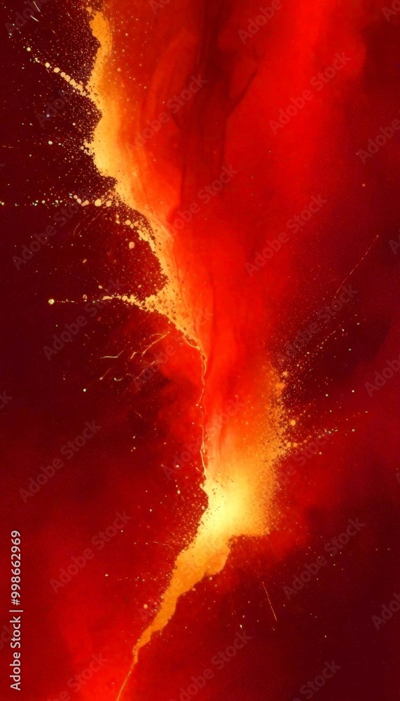 Poster an abstract digital artwork featuring a vibrant red and orange color palette, with splashes of gold and white adding depth and texture The composition is