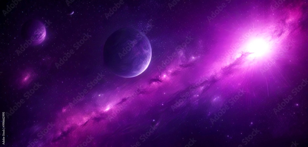 Poster a cosmic scene with two planets, one large and one smaller, set against a backdrop vibrant purple an