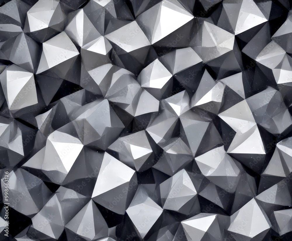Poster a close-up view geometric pattern composed of numerous triangular shapes, varying in size and color, creating a visually striking and abstract design