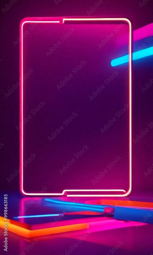 Poster a neon frame with a dark purple background, illuminated by pink and blue neon lights the frame is po