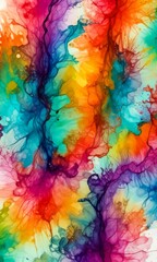 a vibrant abstract painting featuring a colorful, swirling pattern of fluid colors, including shades of red, orange, yellow, green, blue, and purple