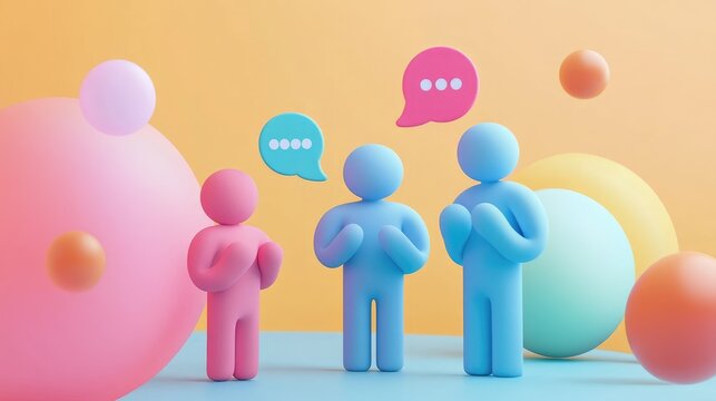 Three 3D figures with speech bubbles in front of colorful spheres, symbolizing communication and discussion.