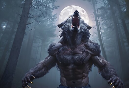 werewolf in the woods howling at the full-moon, halloween generative AI