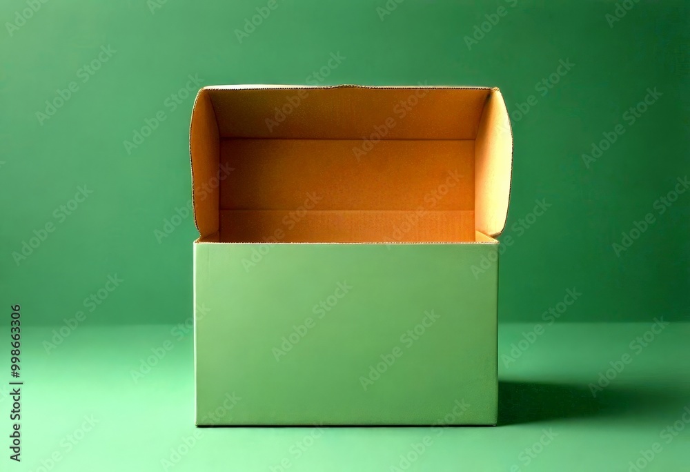 Poster An open cardboard box with a green lid sits on a green surface, with no visible text or objects inside