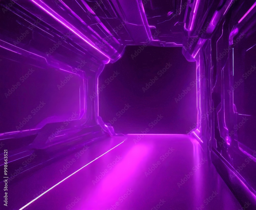 Poster A futuristic corridor with a purple glow, featuring a large open space at the end and a series of curved walls on either side