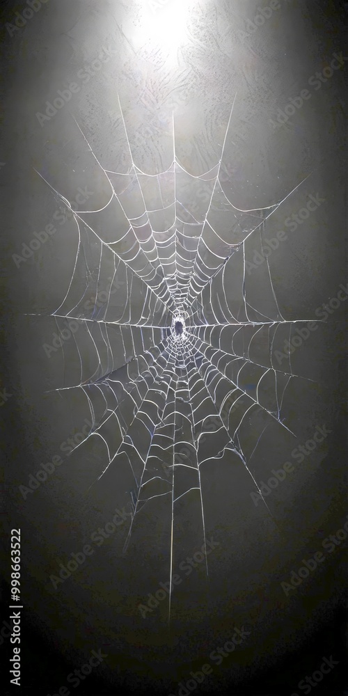 Poster A spider web glistens in the dark, its intricate pattern of thin lines and strands creating a mesmerizing visual effect