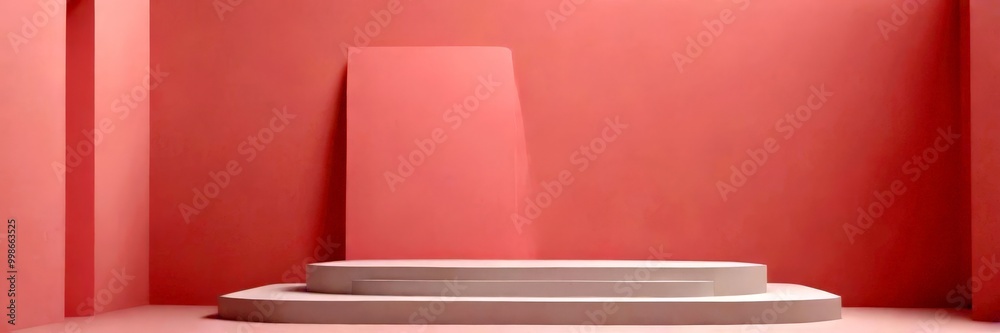 Poster A minimalist white pedestal stands against a pink wall, with a vertical line and a horizontal line on either side, creating a sense of balance and symmetry