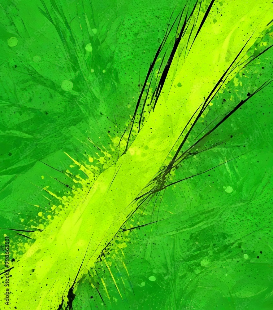 Poster a vibrant abstract composition with a green background, black and yellow splatters, and a diagonal l