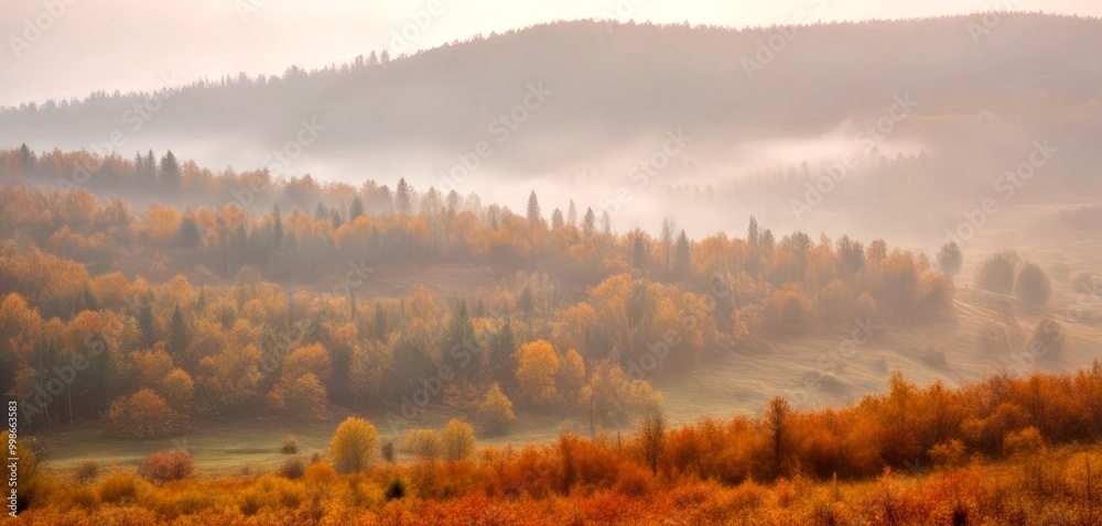 Poster a misty landscape with a forest of autumn-colored trees in the foreground and rolling hills in the b
