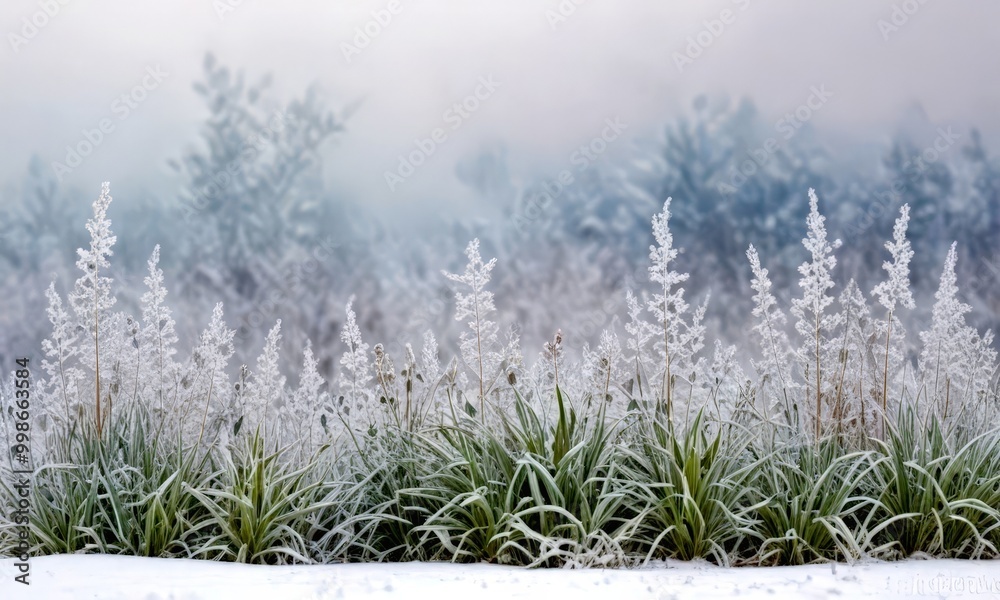Aufkleber A serene winter scene field of tall grasses covered in a layer of frost, with a hazy background of trees and fog