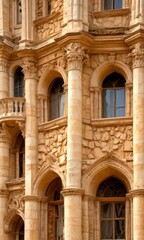 Fototapeta premium The ornate facade of the Palau de la Catedral, a historic building in Madrid, Spain, showcases intricate stone carvings and columns