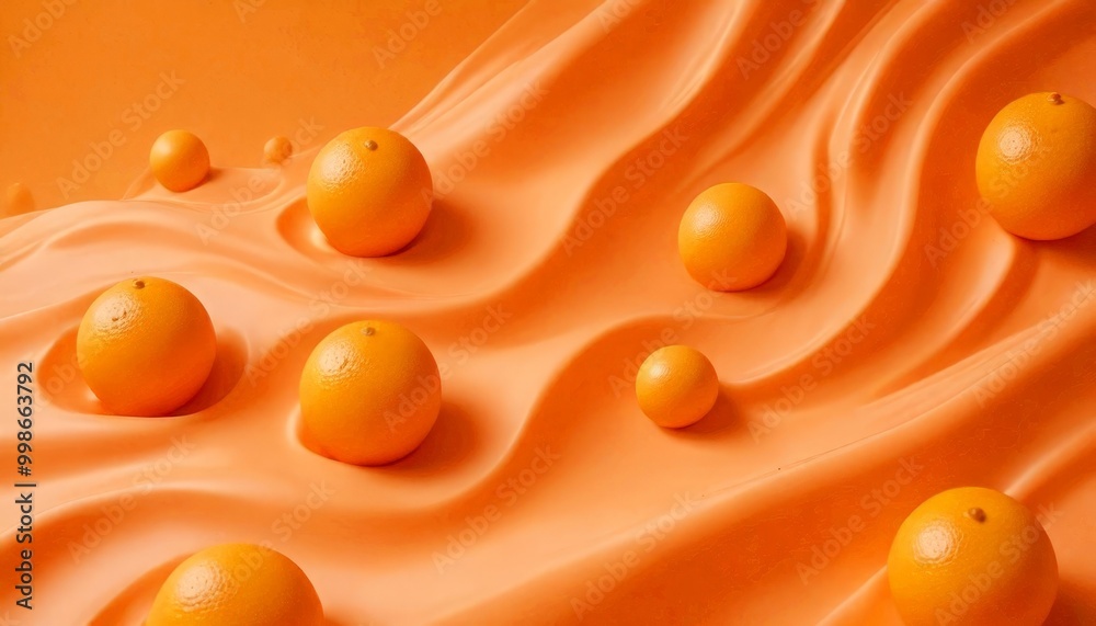 Leinwandbilder A collection of oranges, varying in size, is scattered across a textured orange surface, creating a dynamic and visually appealing composition