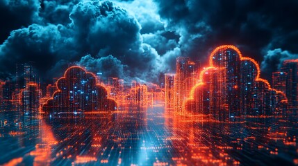 A futuristic cityscape rises, cloud computing symbols and data streams weaving through the skyline.