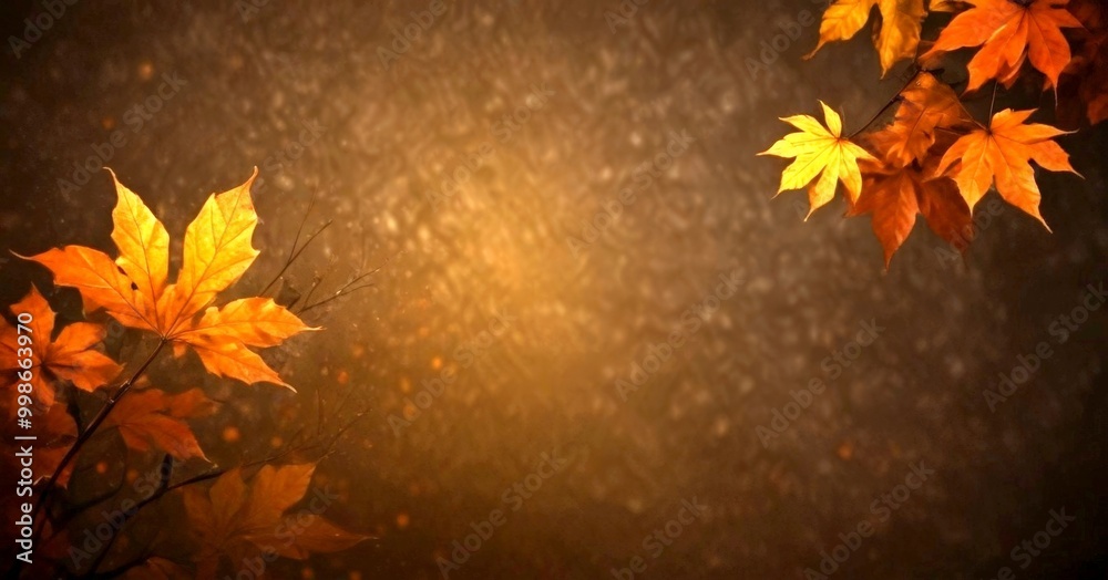 Poster a close-up view of autumn leaves in various shades of orange and yellow, with a blurred background t