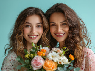 A young woman and her mother smile together, holding beautiful bouquet of flowers against soft blue background. Their joyful expressions reflect warm bond and love