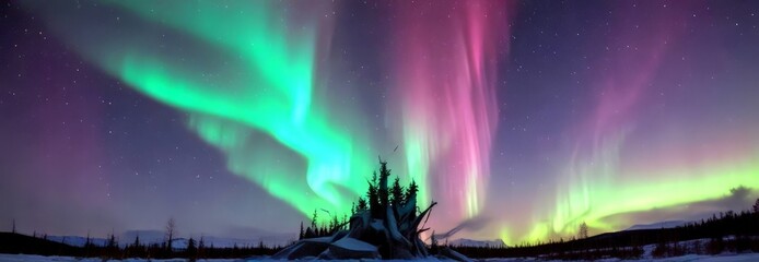 Naklejka premium The aurora borealis, or northern lights, is a stunning display of green, pink, and purple lights in the night sky, with a small cluster of trees in the foreground