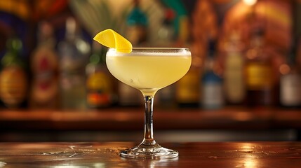 A classic Corpse Reviver No. 2 cocktail served in a coupe glass, with a light yellow hue and a lemon twist garnish. The glass is placed on a polished bar with a backdrop of a sophisticated cocktail 