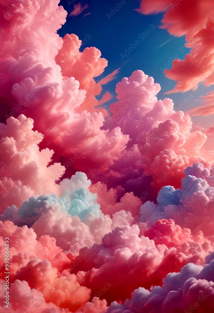 Poster a captivating sky filled with fluffy, pink and blue clouds, creating a dreamy and serene atmosphere