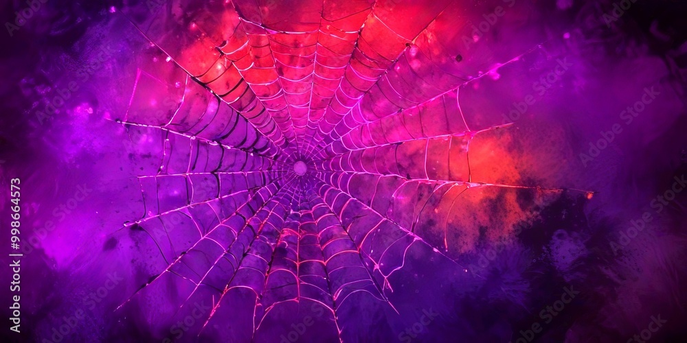 Poster A close-up view spider web, with its intricate structure and vibrant colors, set against a dark purple and orange background
