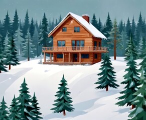 A wooden cabin nestled in a snowy forest, with a snow-covered roof and a balcony overlooking the surrounding pine trees
