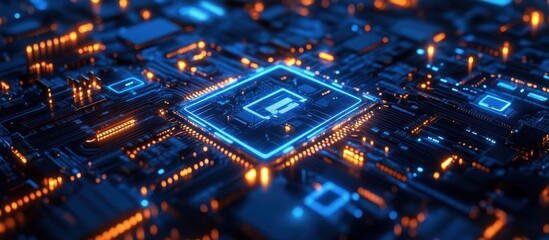 A close-up of a circuit board with glowing blue and orange lights.
