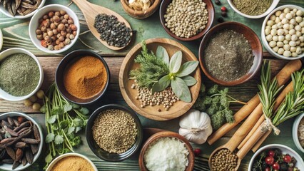 Top view of Herbs and spices isolated on background, ingredients for cooking food, healthy...