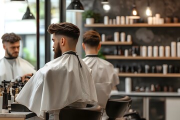 Fototapeta na wymiar professional barber giving haircut and grooming in a barber shop
