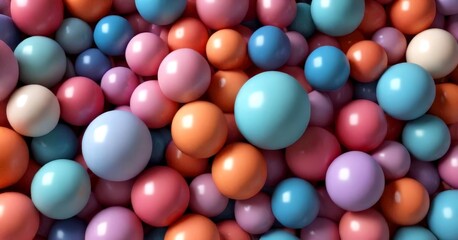 A vibrant array of multicolored spheres, ranging from pastel shades of pink, blue, and purple to more intense hues of orange and yellow, creates a visually striking and